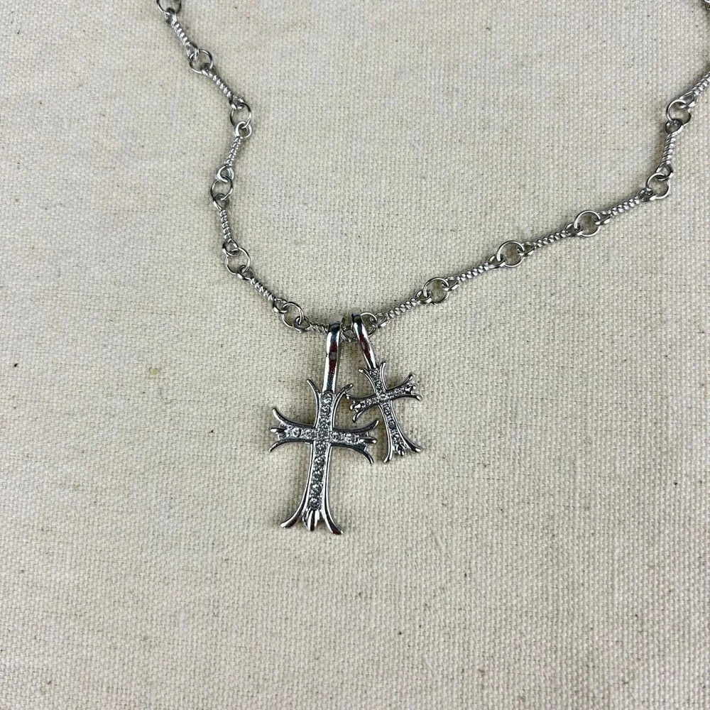 Vintage Y2K silver double cross opium style necklace diamond chain